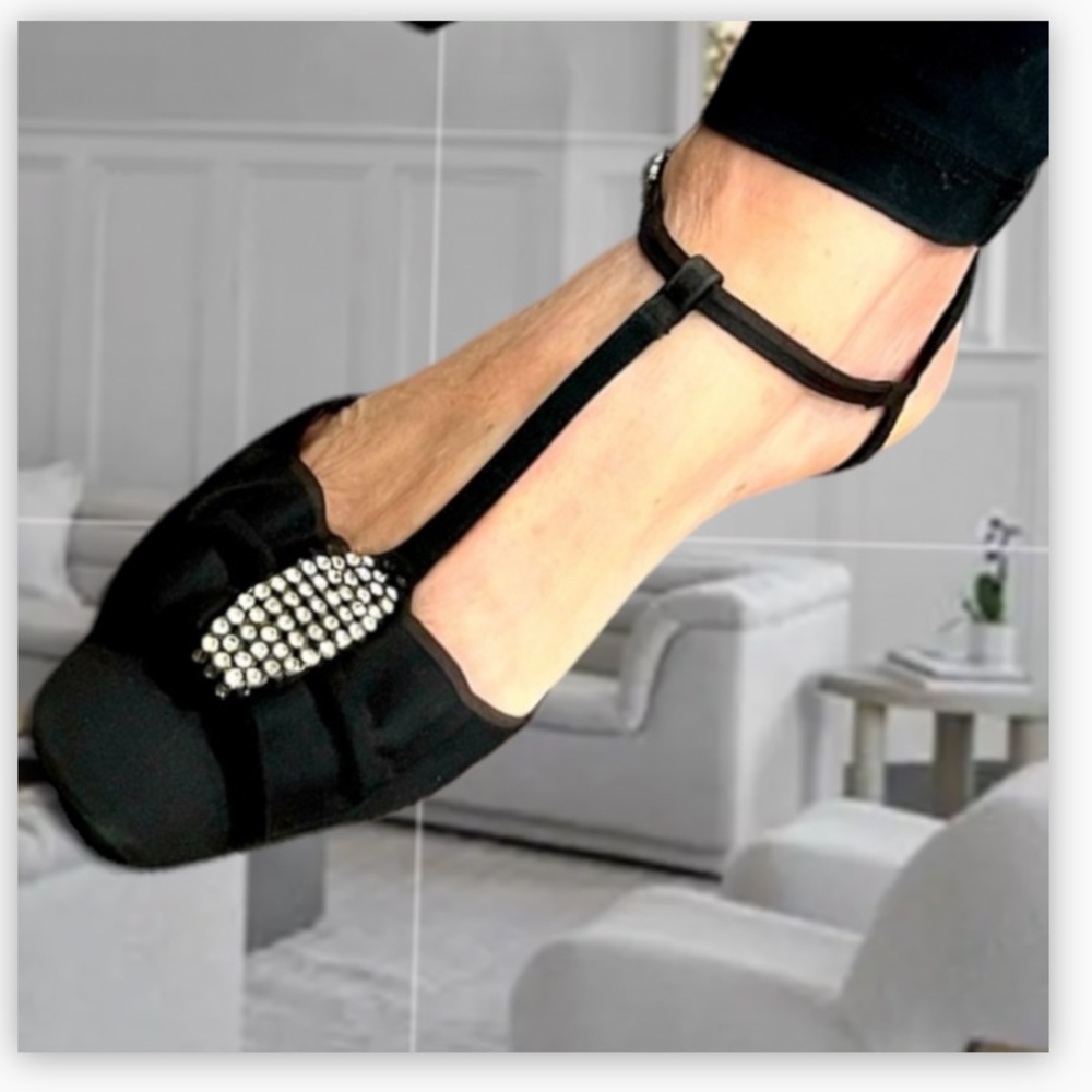 CHANEL Black Satin Slingback Heels With Rhinestone Buckle